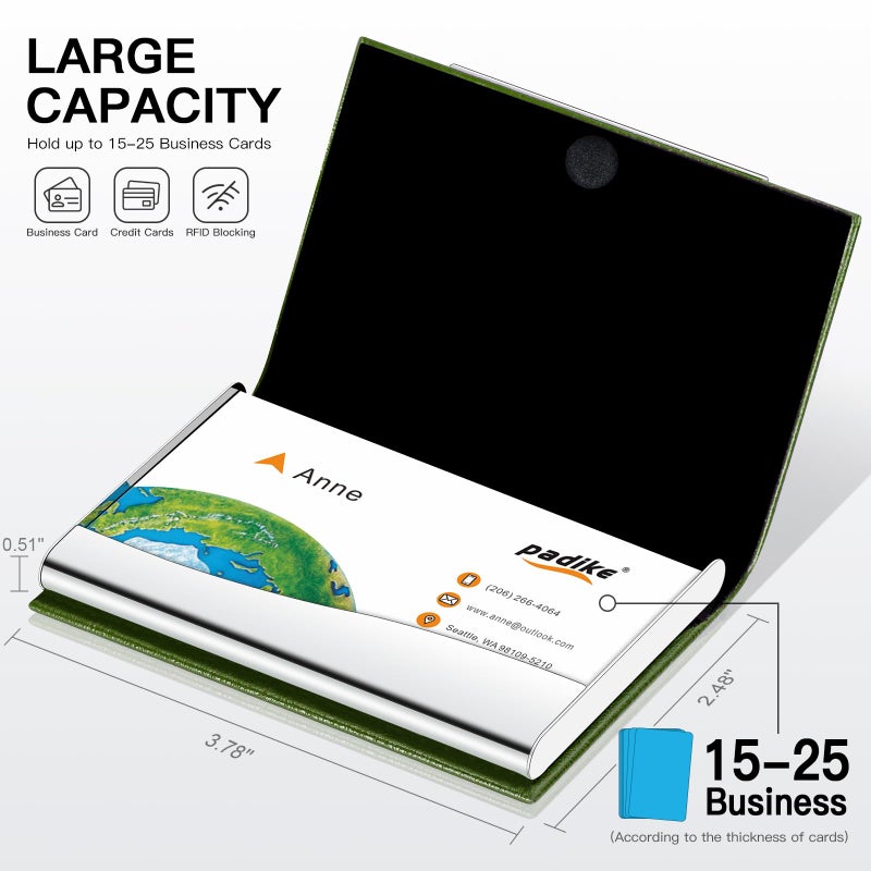 Padike Business Card Holder, Business Card Case Professional PU Leather & Stainless Steel Multi Card Case,Business Card Holder Wallet Credit Card ID Case/Holder for Men & Women. (V-Green) - Image 3